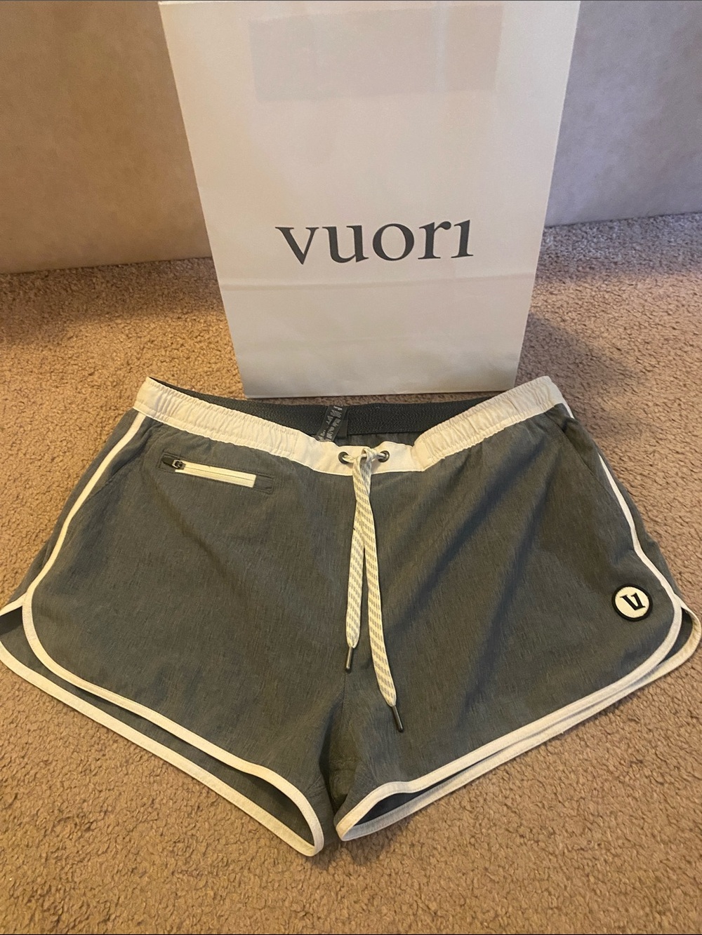 Vuori Women’s Gray Athletic Shorts with White Trim